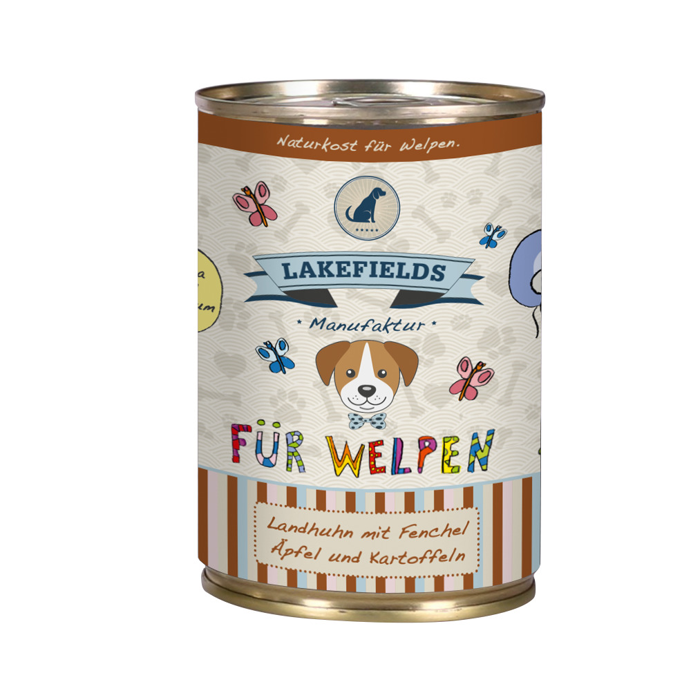 Lakefields Manufaktur – Für Welpen, Nassfutter, Landhuhn, Fenchel, Apfel, Kartoffeln, 400 g, buntes Design mit Hundemotiv.