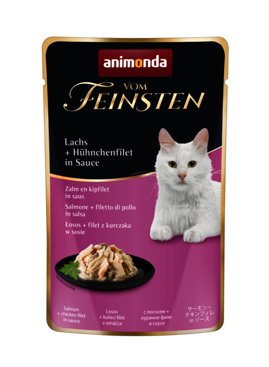 animonda Vom Feinsten Nassfutter f. ausgewachsene Katzen, Lachs & Hühnchenfilet in Sauce, 100 g, mit weißem Kätzchen auf d. Packung.