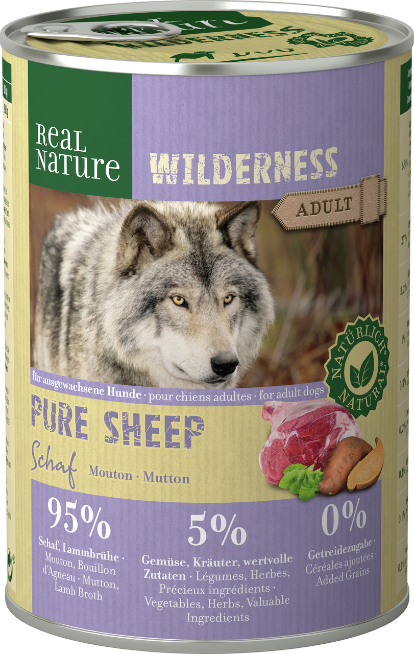 REAL NATURE WILDERNESS PURE SHEEP, Hundefutter für ausgewachsene Hunde, Schaf, 95 % Schaf, 0 % Getreide, natürliche Zutaten, Dose.