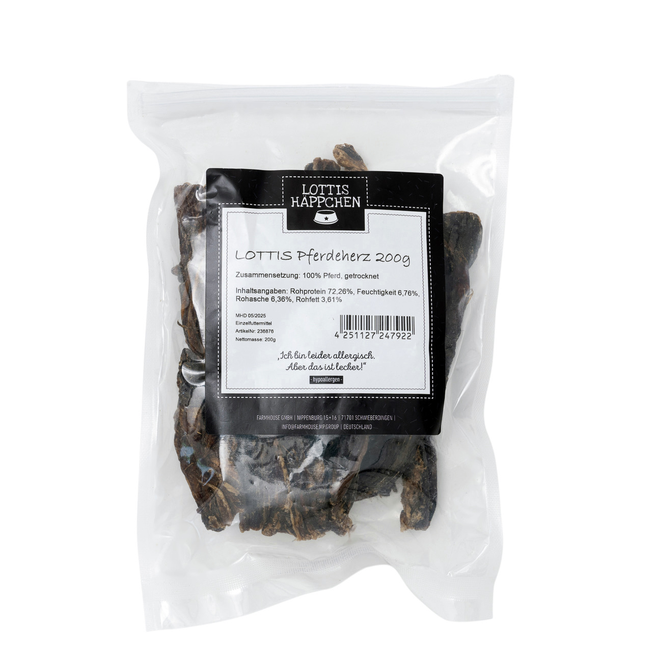 Das Bild zeigt eine transparente Verpackung mit der Aufschrift „LOTTIS HÄPPCHEN“. Enthalten ist getrocknetes Pferdeherz für Hunde, speziell für allergische Tiere geeignet. Die Packung enthält 200 g. Die Zusammensetzung besteht zu 100 % aus Pferd. Auf der 