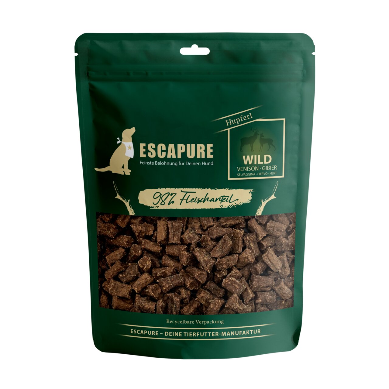 ESCAPURE Hundesnack Wild Hüpfefleisch für Hunde, 98 % Fleischanteil, Geschmacksrichtung Wild, 150 g, recycelbare Verpackung.