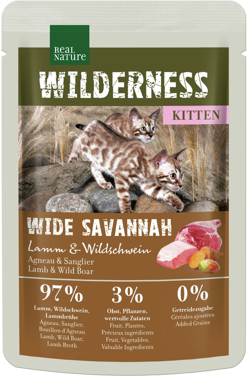 REAL NATURE WILDERNESS Wide Savannah Kitten, Lamm & Wildschwein, 97 % tierische Zutaten, getreidefrei, 85 g.