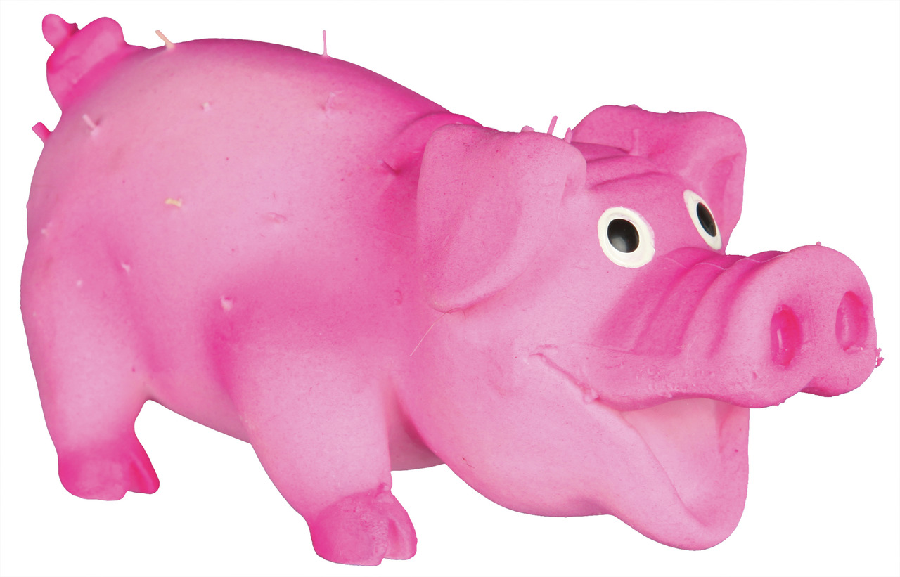 Das Bild zeigt das TRIXIE Hundespielzeug "Schweinchen" in Rosa, geeignet für Hunde aller Größen. Es handelt sich um ein quietschendes Latex-Spielzeug in Schweineform mit lustigem Design und großen Augen. Ideal für interaktives Spielen und Kauen. Maße: ca.
