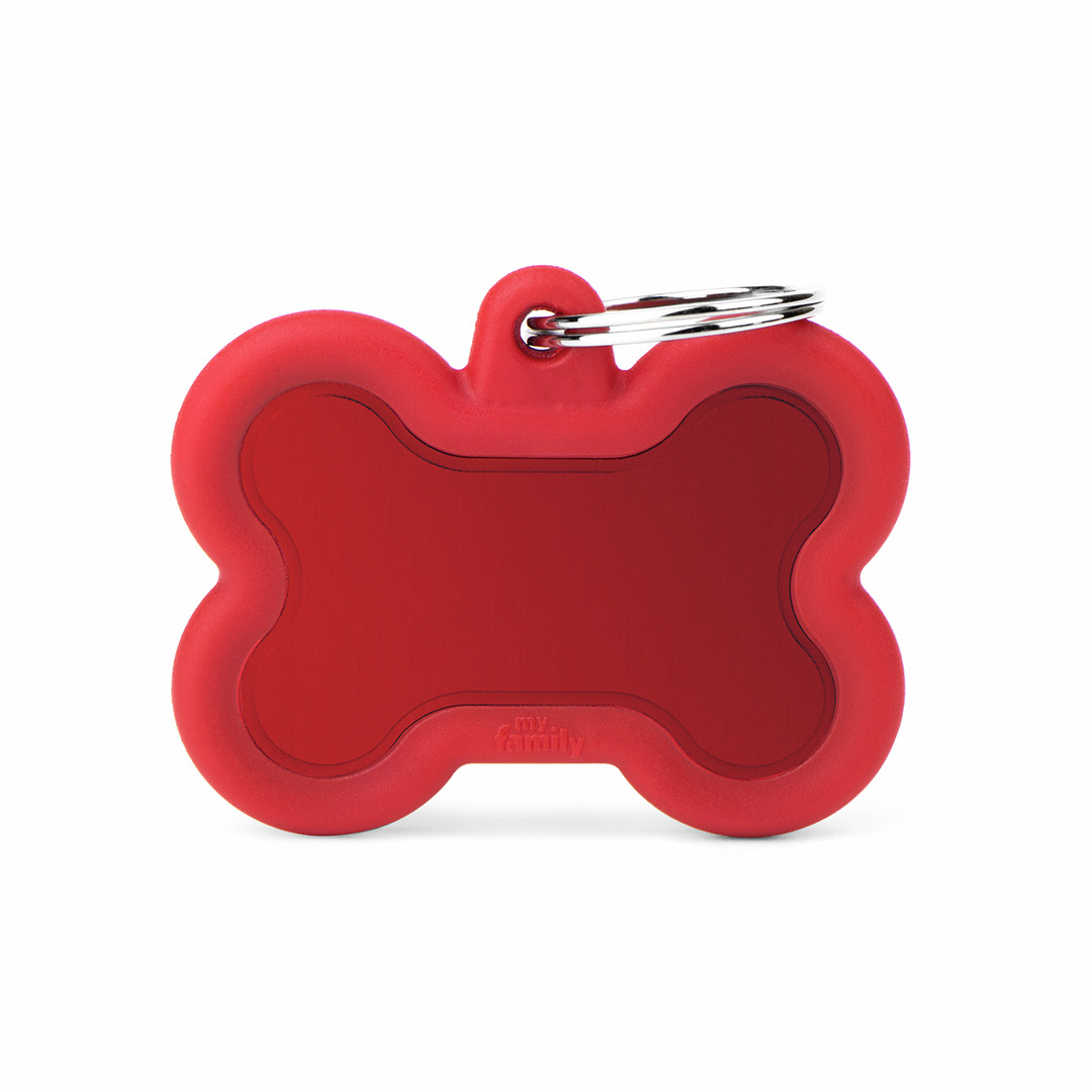 My Family Hundehalsband-Tag, rot, knochenförmig, Metall, glänzend, mit Schlüsselring, für Hunde, ideal zur Personalisierung.