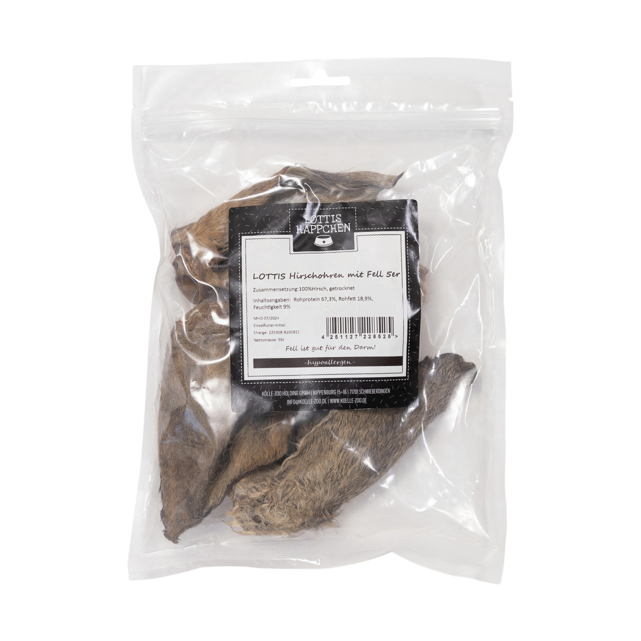 LOTTIS HÄPPCHEN Hirschohren m. Fell, für Hunde, hypoallergener Kausnack, 100 % Hirsch, 67,3 % Rohprotein, 18,9 % Rohfett.