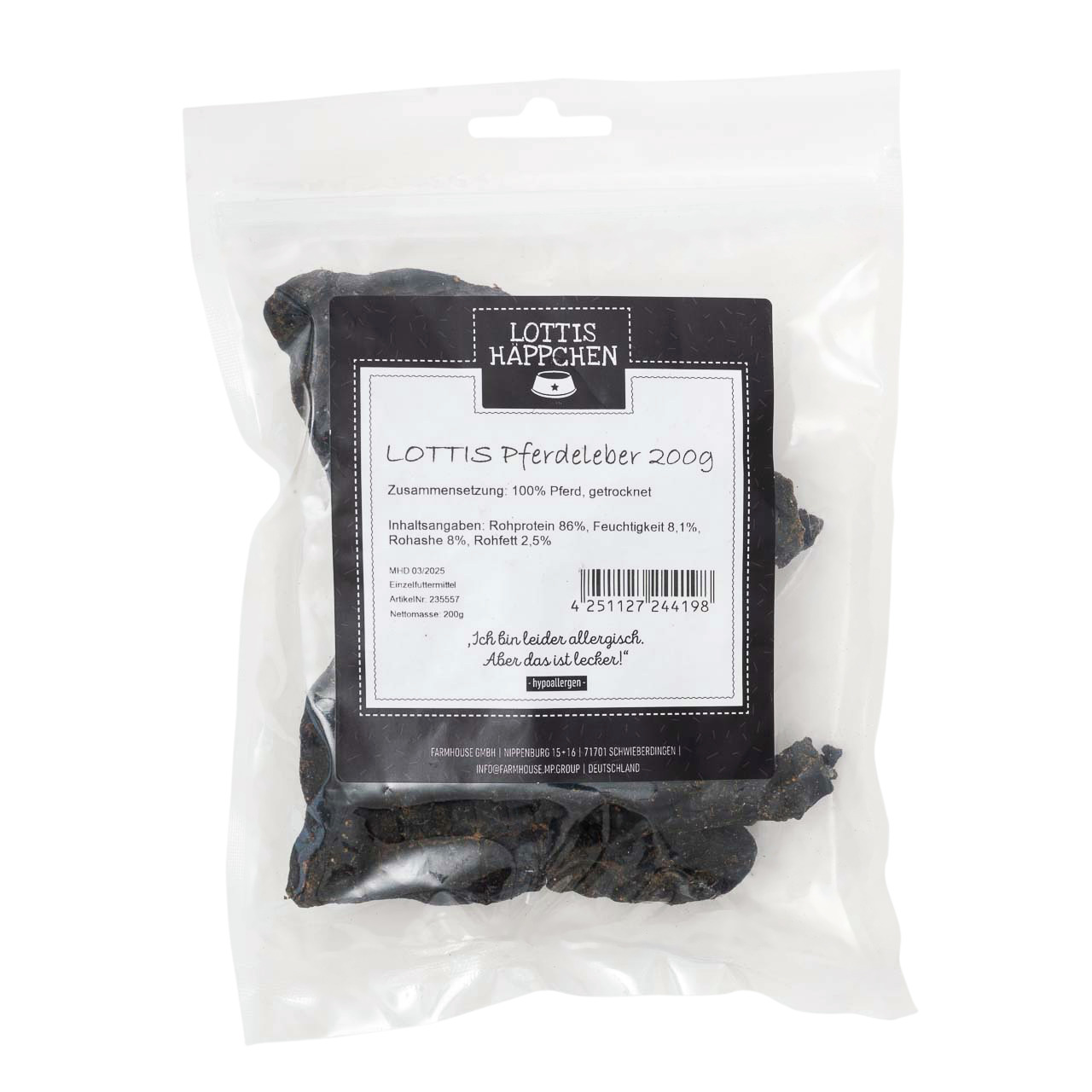 Lottis Häppchen Pferdeleber, 200 g, für Hunde, Geschmack Pferd, hypoallergen, 100 % getrocknete Pferdeleber, 86 % Rohprotein.