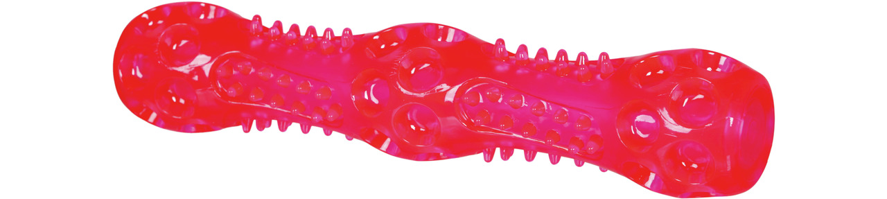Rotes Hundespielzeug der Marke TRIXIE, Modell "Denta Fun". Geeignet für Hunde aller Größen, speziell zur Zahnpflege und zum Kauen. Das Spielzeug besteht aus robustem, bissfestem Material mit Noppen, die die Zahnreinigung fördern. Länge ca. 15 cm. Ideal fü