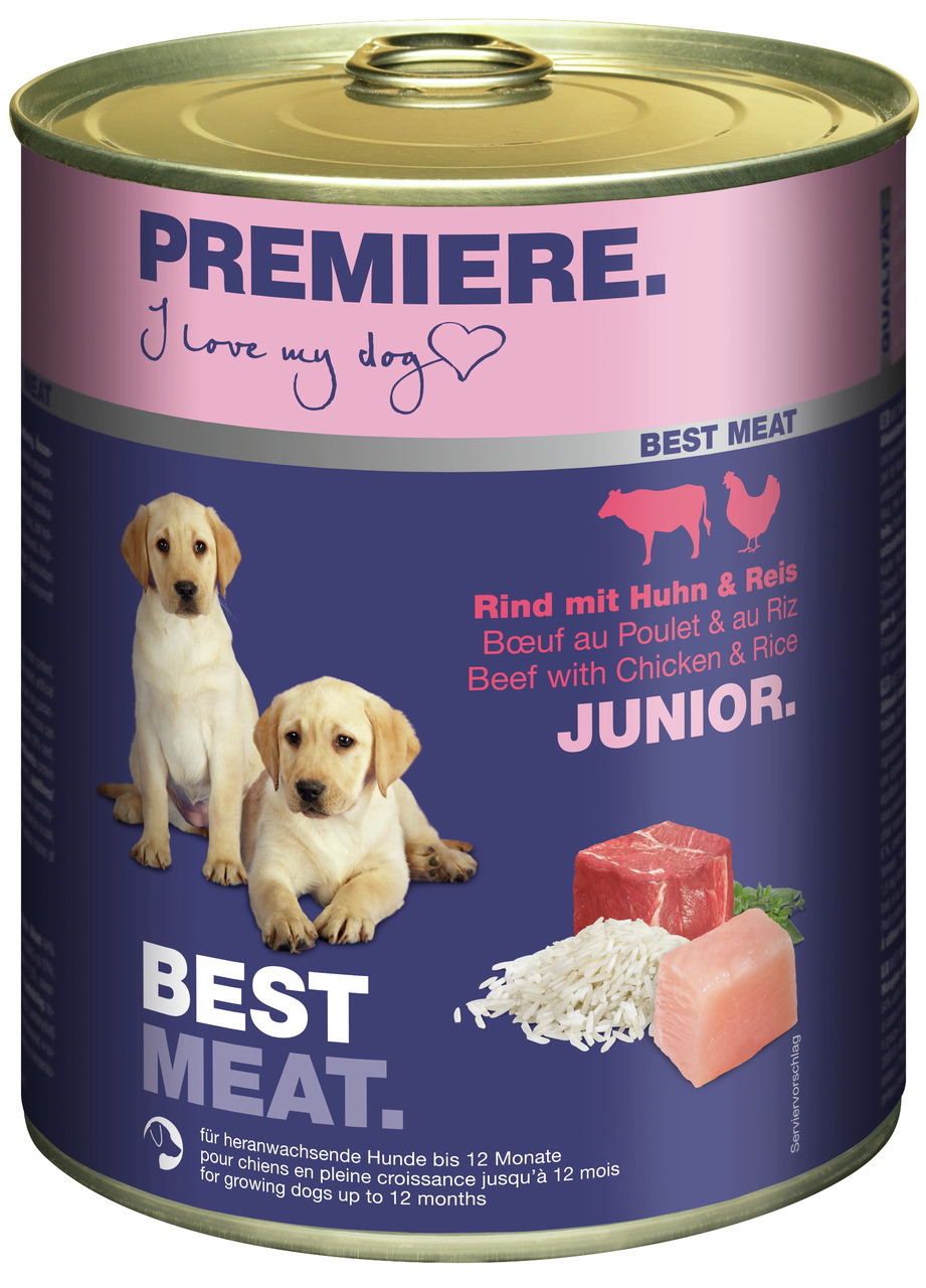 PREMIERE Best Meat Junior Hundefutter, Junghunde bis 12 Mon., Rind+Huhn+Reis, ausgewogene Ernährung, 400 g.
