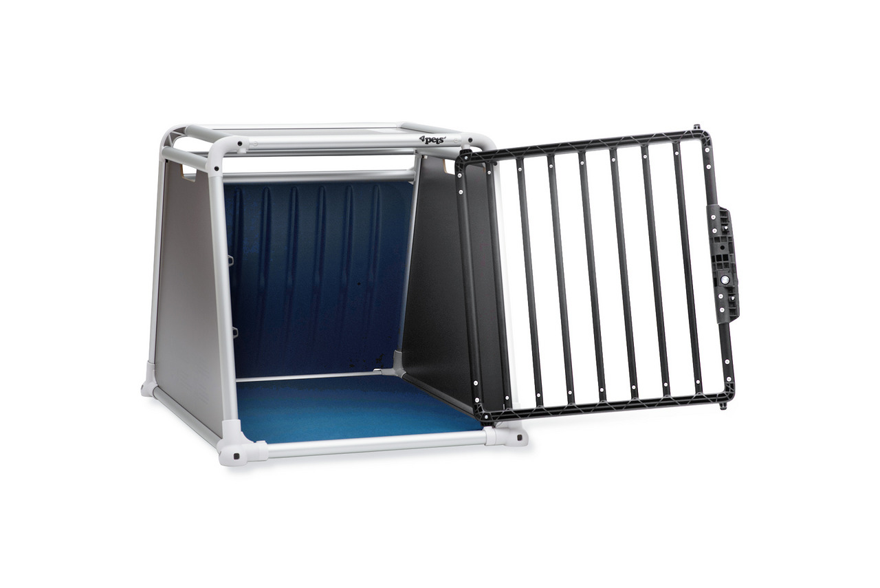 4pets ProLine Hundetransportbox, für mittelgroße Hunde, Aluminium/Kunststoff, blaue Bodenmatte, schwarze Gittertür, sicher im Auto.