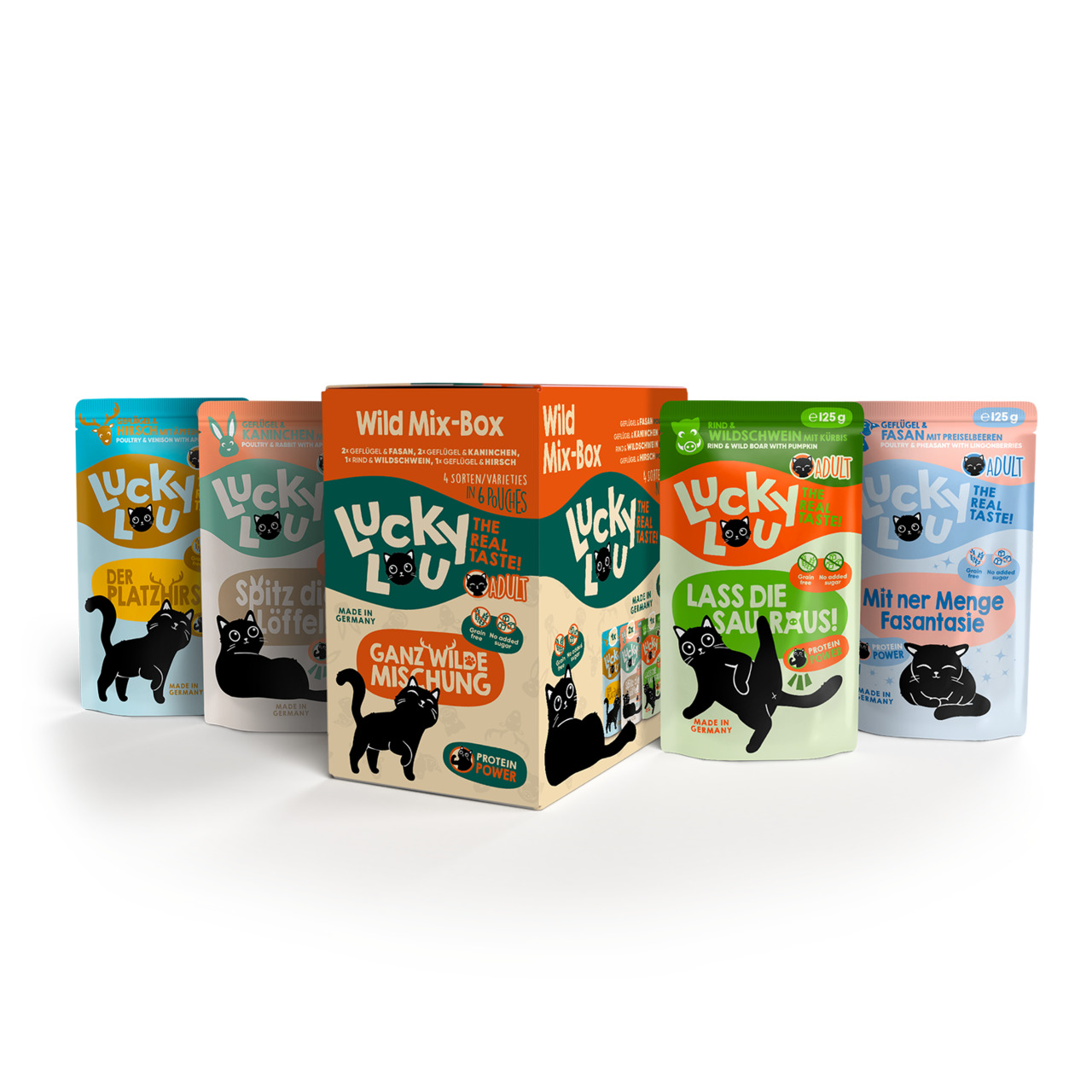 Lucky Lou Wild Mix-Box: Katzenfutter für erwachsene Katzen, Geschmacksr. Wildschwein, Fasan, Kaninchen, 125 g-Beutel.