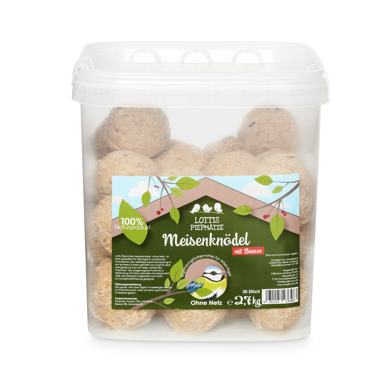 Lottis Piepmätze Meisenknödel, Ergänzungsfutter f. Wildvögel, Geschmacksr. Beeren, 100% Naturprodukt, 2,7 kg, 30 Stk.