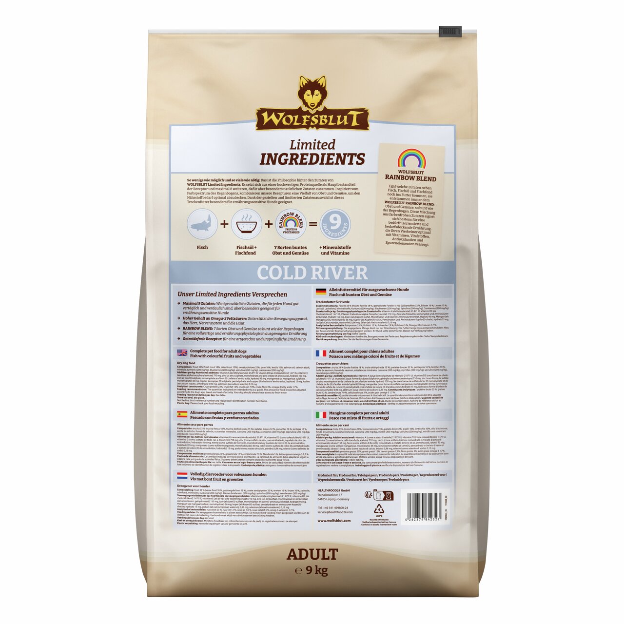 WOLFSBLUT Cold River Hundefutter für Erwachsene, Geschmacksrichtung Fisch, 9 kg, mit Fisch, Gemüse und Vitaminen.