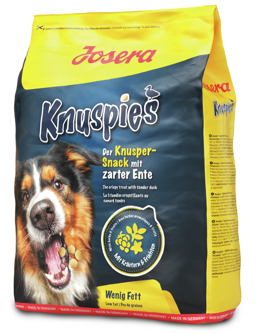 Josera Knuspies Hundesnack, Ente, wenig Fett, mit Kräutern & Früchten, 125g, Made in Germany.