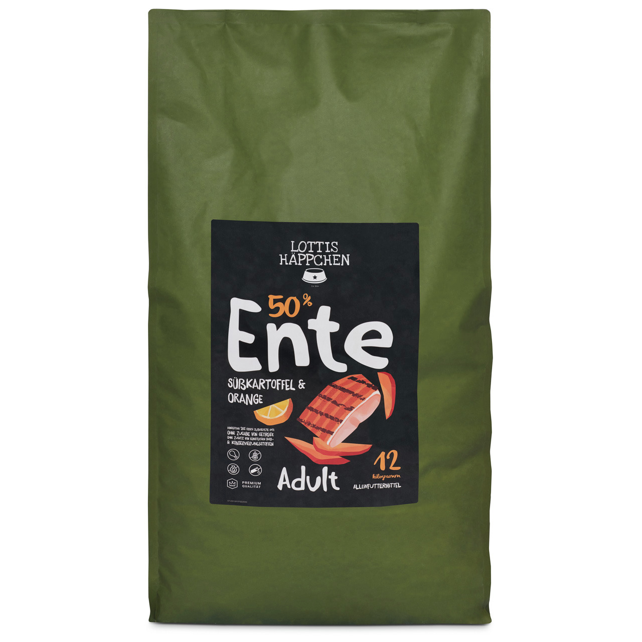 Lottis Häppchen: Alleinfutter f. erw. Hunde, 50 % Ente, Süßkartoffel & Orange, 12 kg, mit gegrillter Ente & Orange.