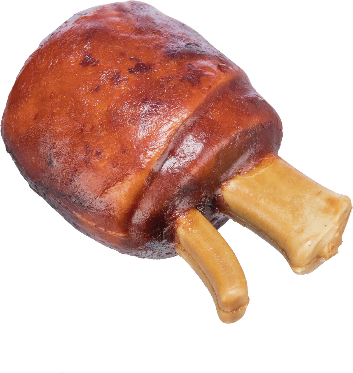 Das Bild zeigt das Produkt "TRIXIE Kauknochen mit Schinken", ein Kauspielzeug für Hunde. Es handelt sich um einen Schinkenknochen mit einer aromatischen, braunen Ummantelung, der speziell für Hunde entwickelt wurde. Der Knochen dient zur Zahnpflege und Be