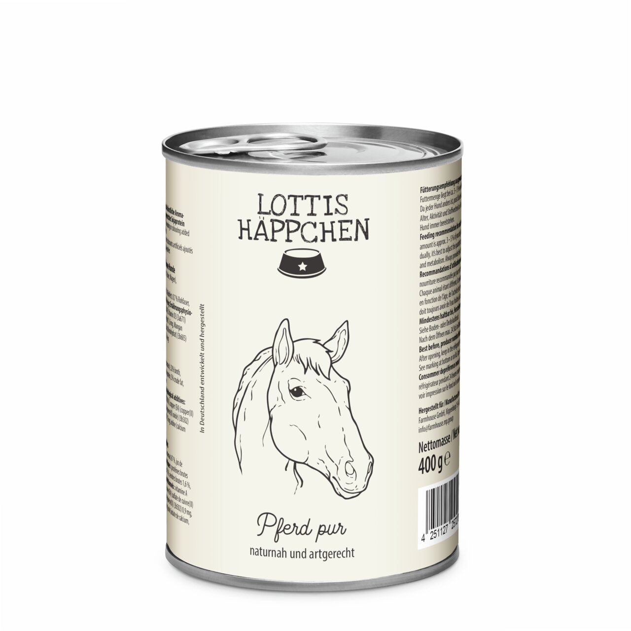 Hundefutter von Lottis Häppchen, Pferd pur, für Hunde, 400 g Dose, naturbelassen und artgerecht, ohne künstliche Zusätze.