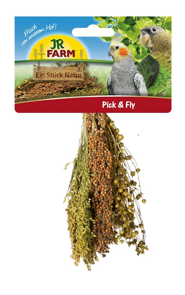 JR FARM Pick & Fly, Vogelfutter für Ziervögel (Wellensittiche, Papageien), versch. Hirsesorten, ca. 100 g, ideal zum Picken & Spielen.