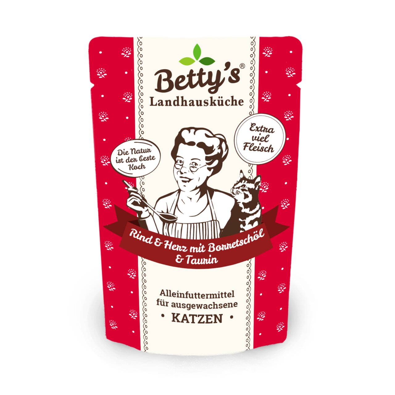 Betty's Landhausküche Katzennassfutter für ausgewachsene Katzen, Rind & Herz mit Borretschöl und Taurin, extra viel Fleisch.