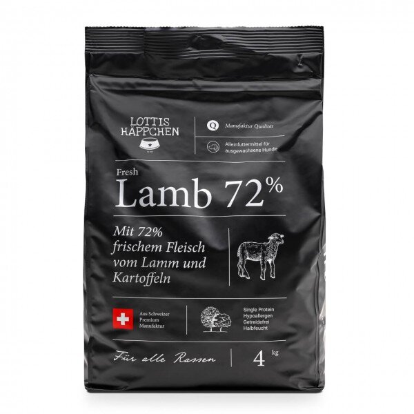 Lottis Häppchen Fresh Lamb 72%, Alleinfutter f. erw. Hunde, 72% Lamm, getreidefrei, hypoallergen, 4 kg, aus Schweizer Premium-Manufaktur.