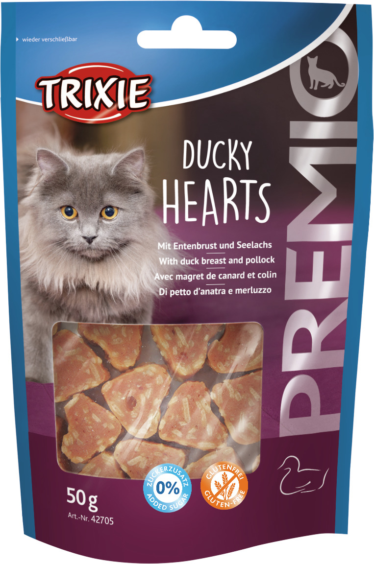 TRIXIE Premio Ducky Hearts, Katzen, Entenbrust & Seelachs, glutenfrei, ohne Zuckerzusatz, wiederverschließbar, 50 g.