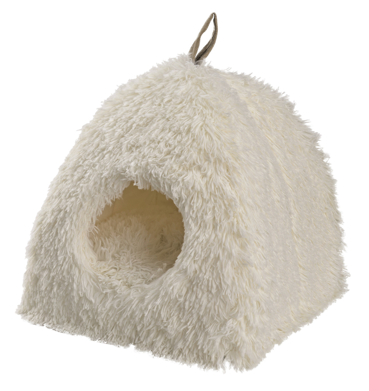 AniOne Kuschelhäuschen, für Katzen & kl. Hunde, cremefarbener Plüsch, gemütl. Rückzugsort, runde Öffnung, Schlaufe oben.