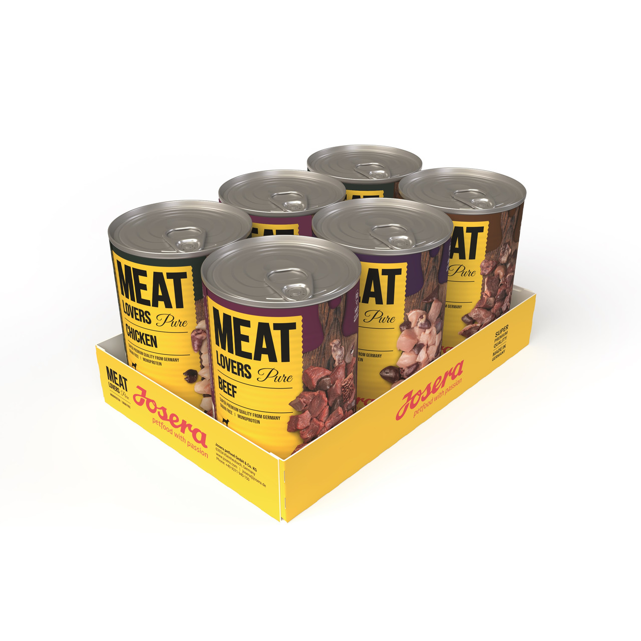 6 Dosen Josera Meat Lovers Pure Nassfutter f. Hunde, 400g-Dose, getreidefrei, Huhn & Rind, ausgewogene Ernährung, hoher Fleischanteil.