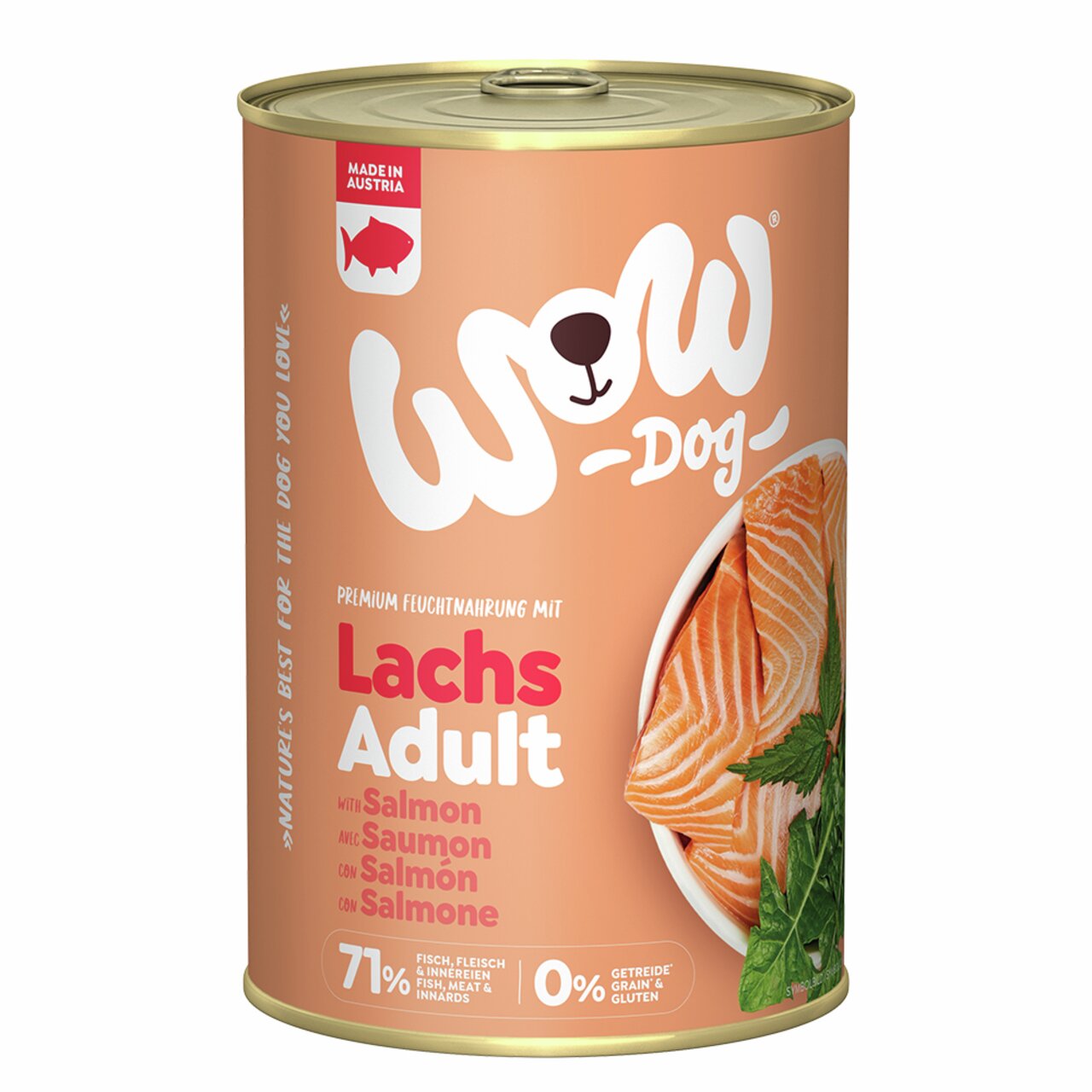 WOW DOG Lachs Adult, Premium-Feuchtnahrung für Hunde, 71 % Fisch, getreidefrei, 400 g, Geschmacksrichtung Lachs.