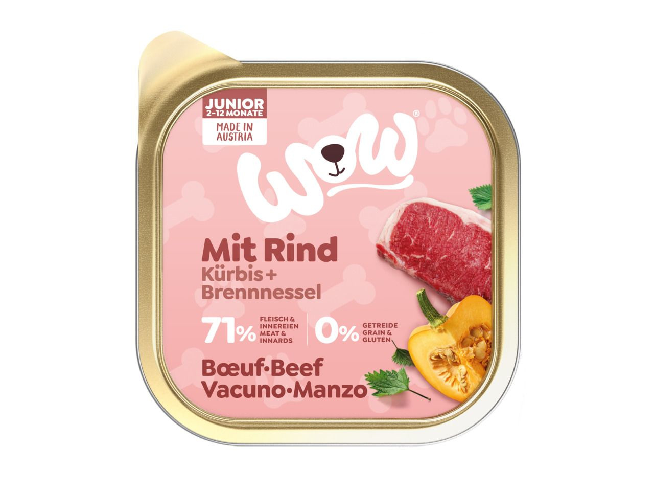 Sparpaket 22 x 150 g Wow Junior Rind mit Kürbis + Brennnessel Hunde Nassfutter