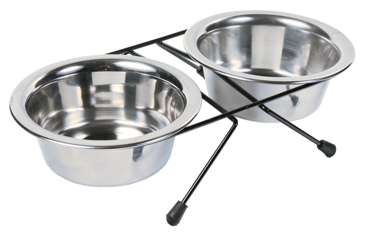 TRIXIE Doppelnapf-Set, Hunde-Katzen, Edelstahl, rostfrei, rutschfest, 2 Näpfe im Metallständer, ideal für Wasser-Futter.