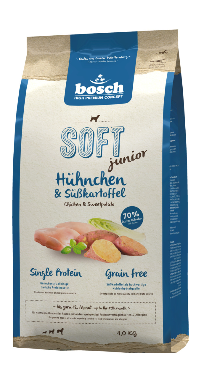 bosch High Premium Concept Soft Junior Huhn & Süßkartoffel, 1,0 kg, für Junghunde bis 12 Mon., 70 % Huhn, getreidefrei, ideal bei Allergien.
