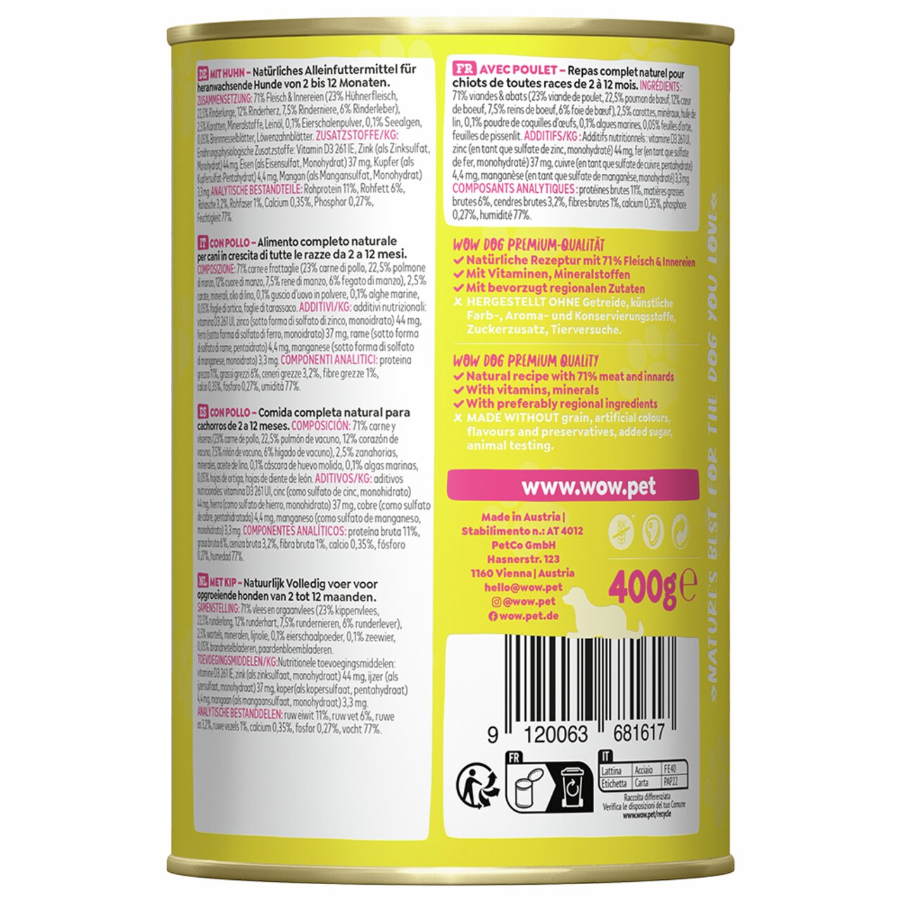WOW DOG Hundefutter mit Huhn für Welpen bis 12 Monate, 400 g Dose. Hoher Fleischanteil, natürliche Rezeptur, ohne Zusatzstoffe.
