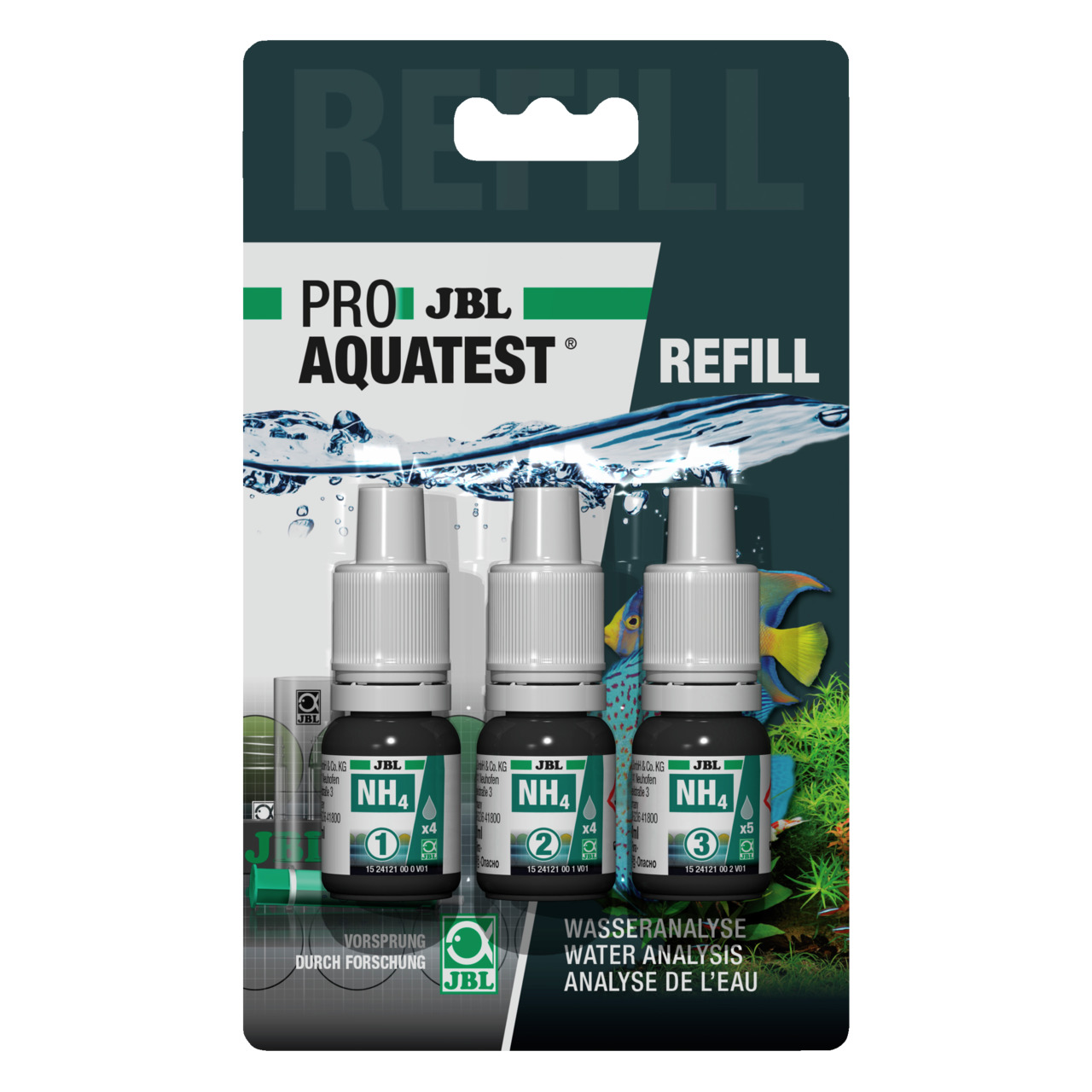 JBL ProAquaTest NH4 Refill, Nachfüllset f. Aquarienbesitzer, misst NH4 im Wasser, 3 Reagenzienfläschchen, Verpackung mit Fischen/Pflanzen.