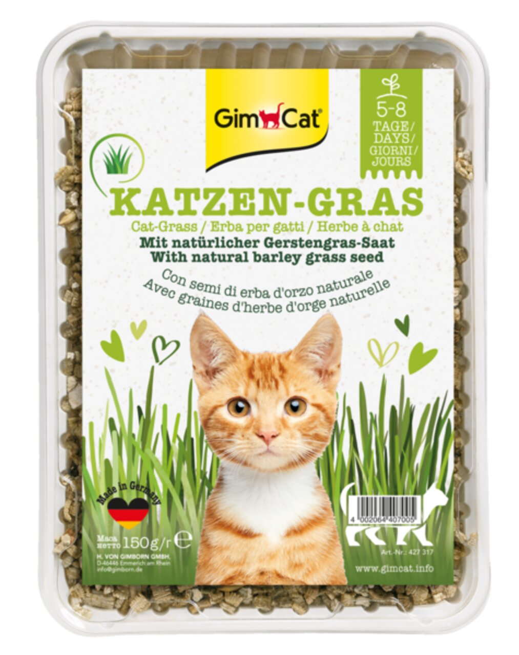 Das Bild zeigt das Produkt "GimCat Katzen-Gras" in einer transparenten Verpackung mit 150 g Inhalt. Es ist speziell für Katzen entwickelt und enthält frisches Wiesenduftaroma. Auf der Verpackung ist ein orange-weißer Kater abgebildet, umgeben von Gras und