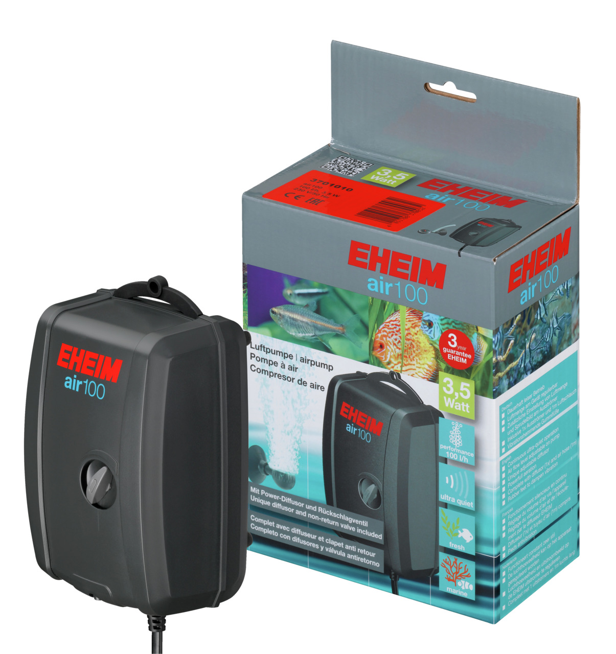EHEIM air100 Luftpumpe, 3,5W, leise, für Süß--Meerwasseraquarien, mit Power-Diffusor & Rückschlagventil.