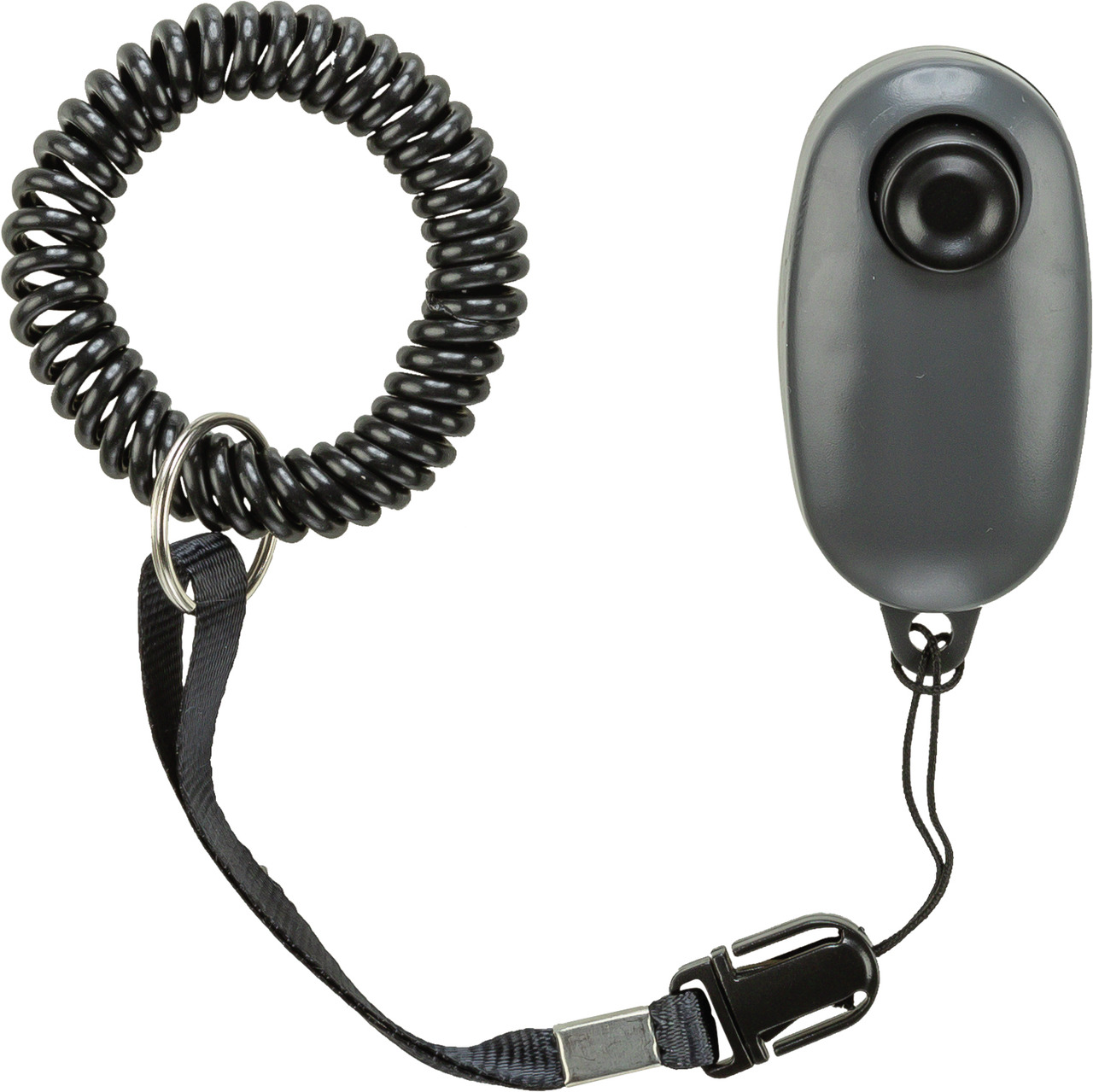 Das Bild zeigt den TRIXIE Clicker mit Spiralschlaufe, ein Trainingsgerät für Hunde. Der Clicker ist grau und verfügt über eine schwarze Spiralschlaufe mit Schlüsselring sowie ein verstellbares Band mit Clip. Er eignet sich ideal für das positive Verstärku