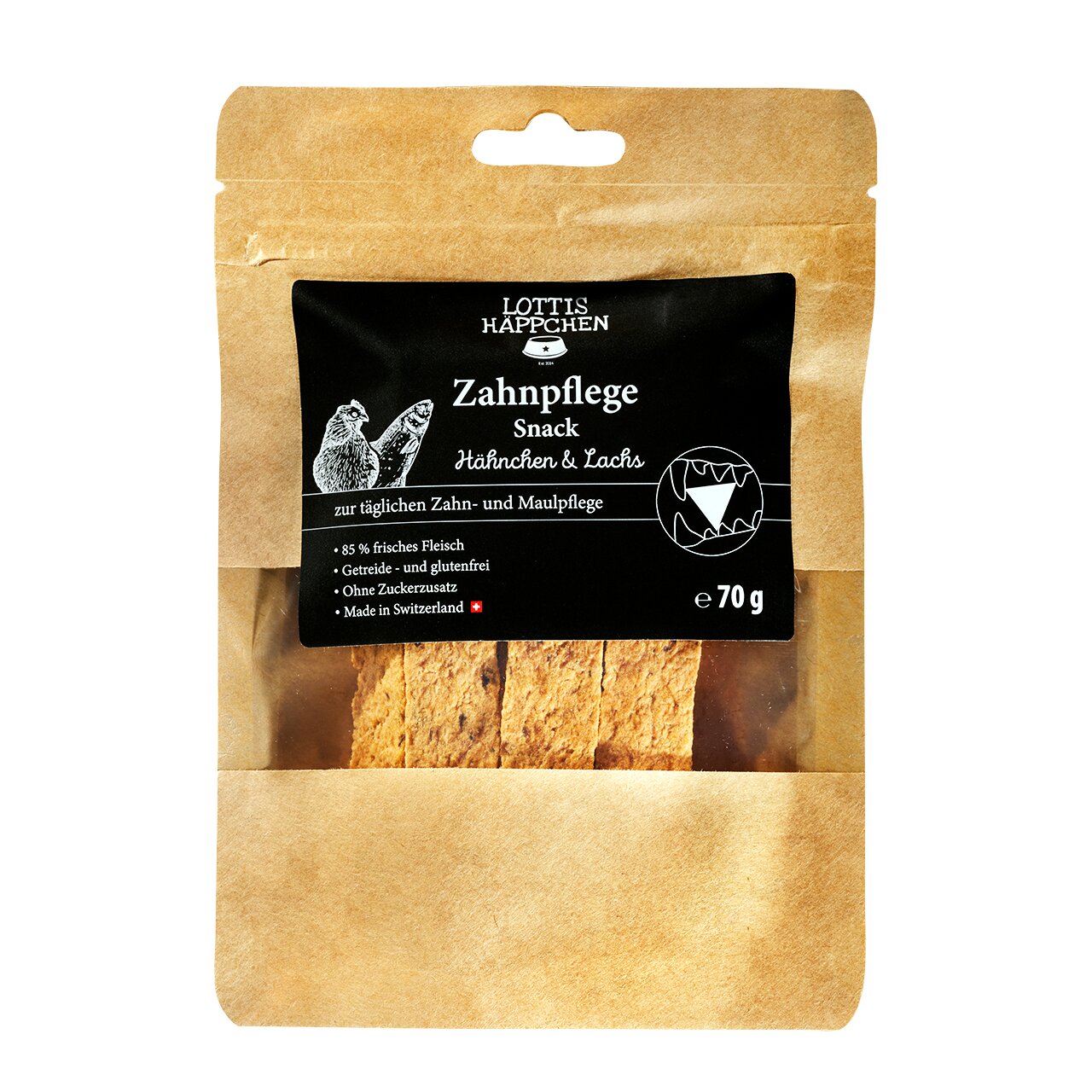 LOTTIS HÄPPCHEN Zahnpflegesnack für Hunde, Geschmacksrichtung: Hühnchen & Lachs, getreidefrei, 70 g, Made in Switzerland.