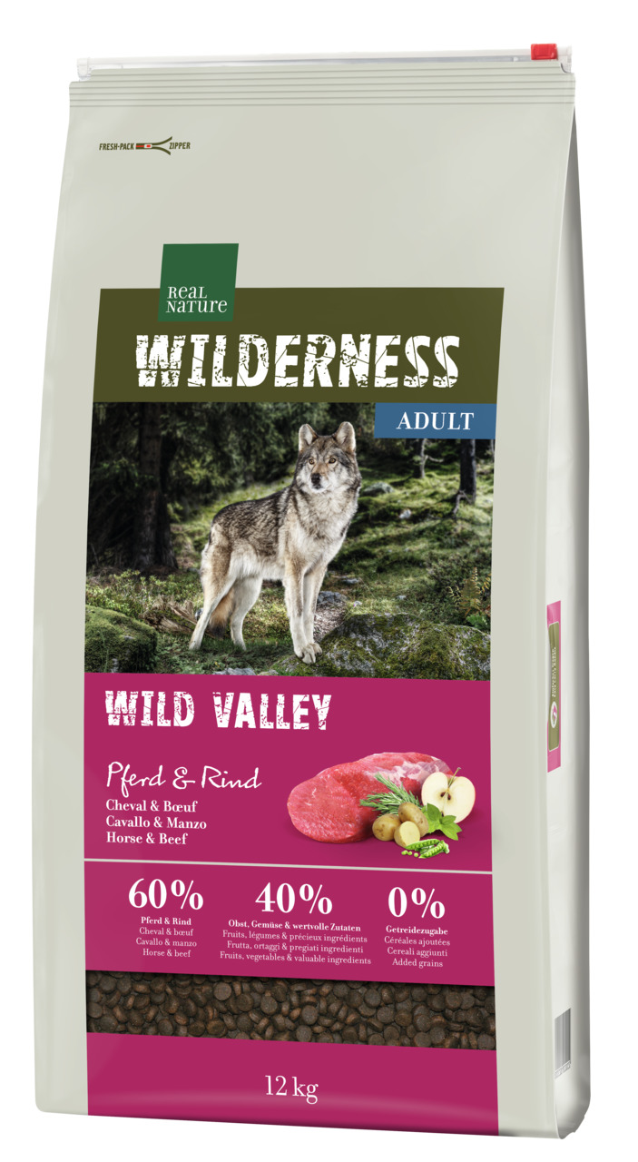 REAL NATURE WILDERNESS Wild Valley Adult, 12 kg, für ausgewachsene Hunde, Pferd & Rind, 60 % Fleisch, 0 % Getreide, mit Obst & Gemüse.