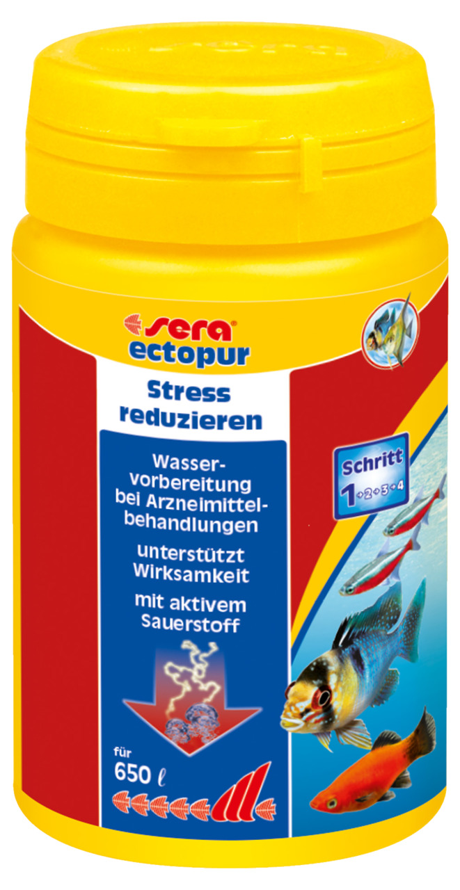 Sera ectopur, Wasseraufbereitungsmittel für Aquarienfische, reduziert Stress, unterstützt Arznei, mit O2, für bis zu 650L.