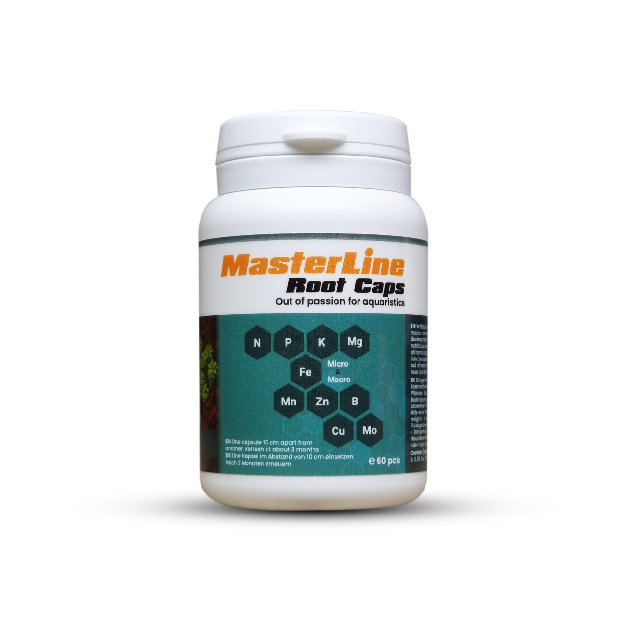 MasterLine Root Caps für Aquarienbesitzer, 60 Düngekapseln, essentielle Nährstoffe (N, P, K, Mg, Fe, Mn, Zn, B, Cu, Mo), „Out of passion“.