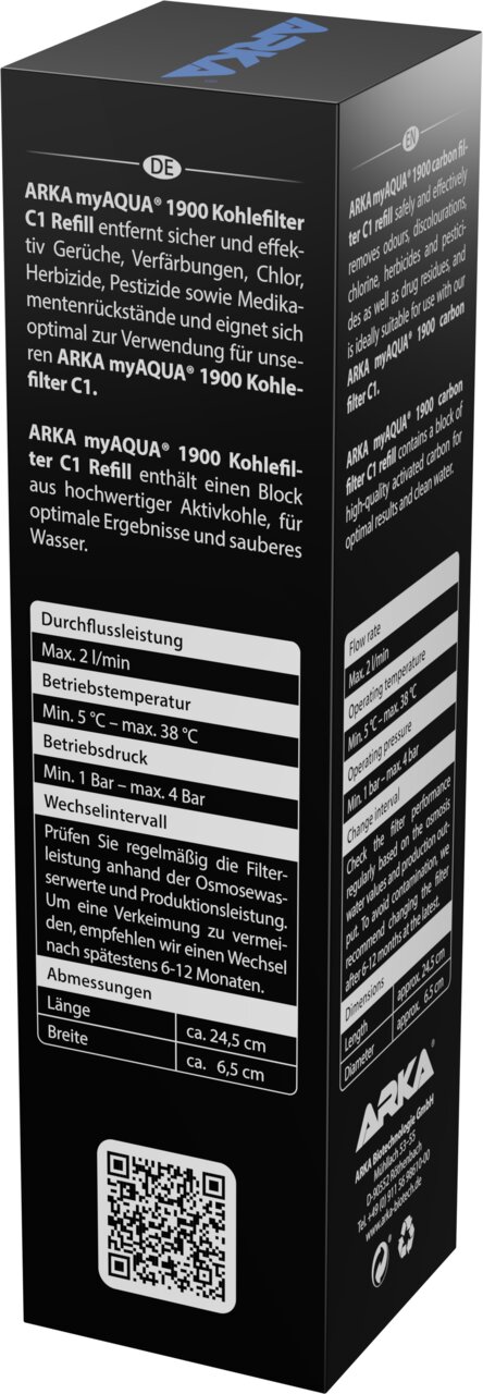 ARKA myAQUA 1900 Kohlefilter C1 Refill für Wasserfilter, Aktivkohleblock gegen Gerüche, Chlor und Verfärbungen.