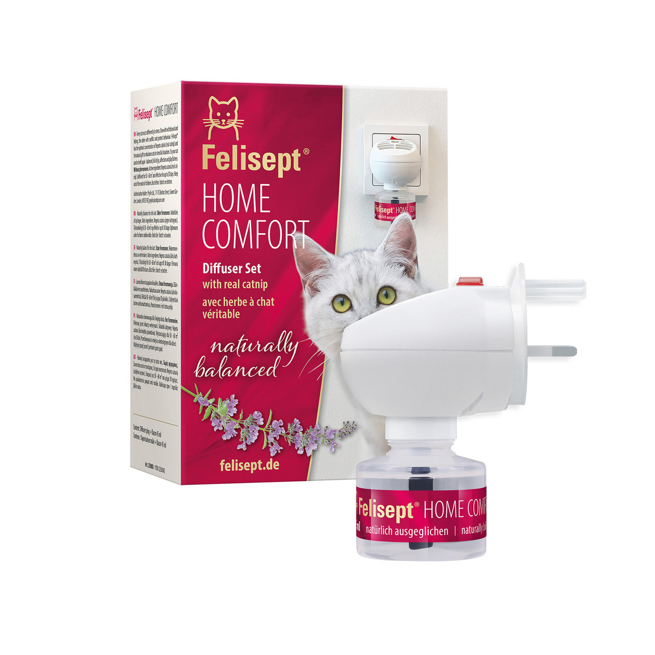 Das Bild zeigt das Felisept Home Comfort Diffuser-Set, ein Produkt für Katzen. Es enthält einen elektrischen Diffuser und eine Flasche mit natürlichem Katzenminzenextrakt. Die Verpackung ist in Rot und Weiß gestaltet, mit einem Bild einer Katze und der Au