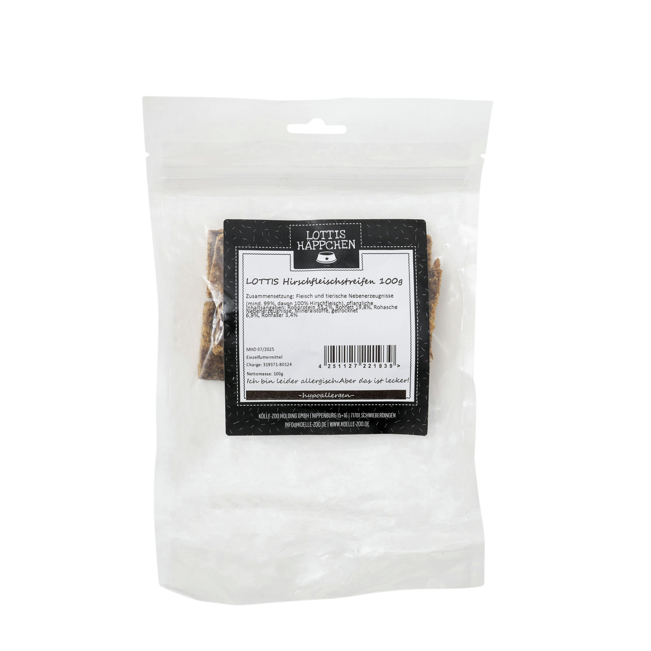 LOTTIS HÄPPCHEN Hirschfleischstreifen für Hunde, 100 % Hirschfleisch, 100 g, für ernährungssensible Hunde, hohe Qualität, schonend hergestellt.