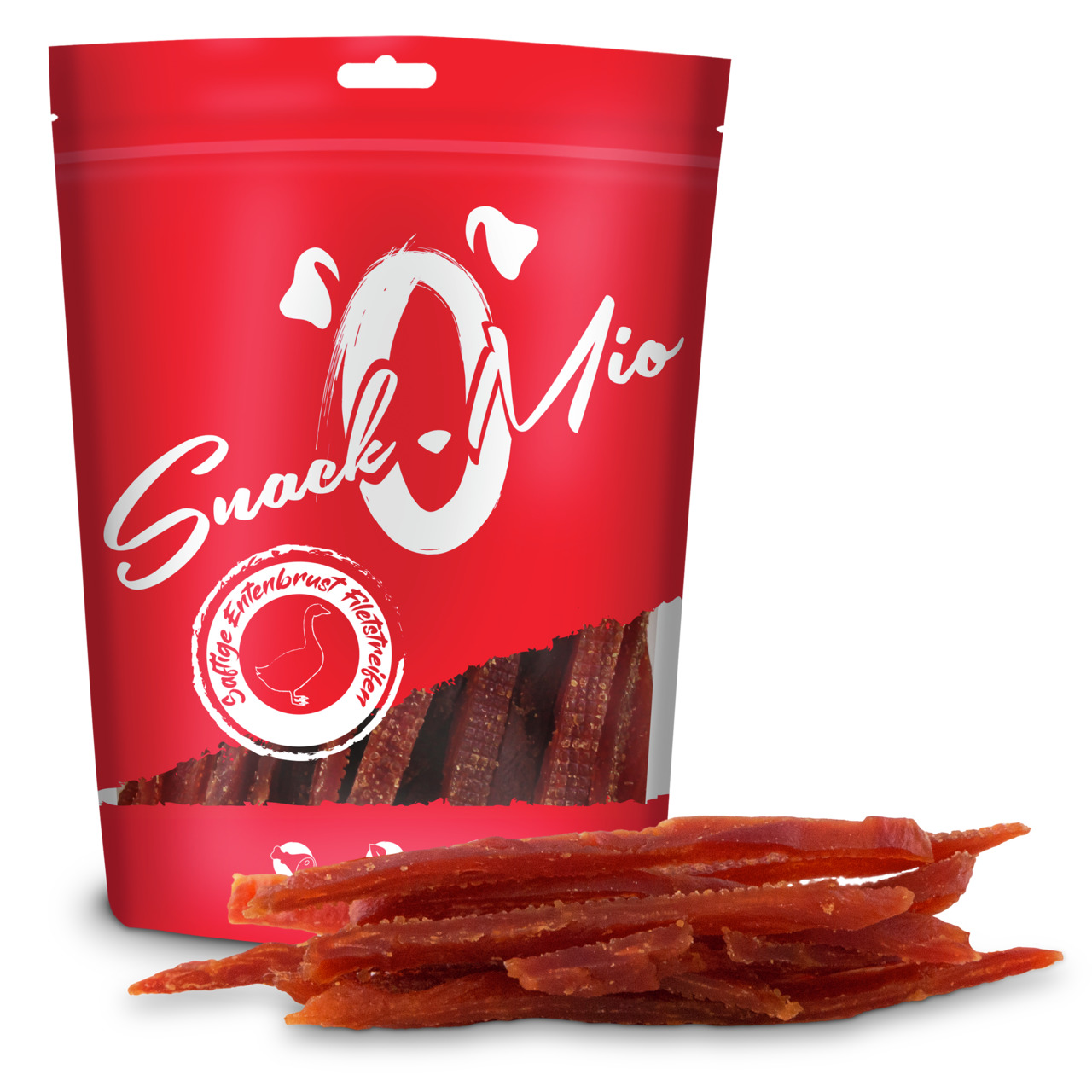 SnackOMio Gourmet-Entenbrust-Fleischstreifen für Hunde, getrocknet, mit Sichtfenster, Menge nicht erkennbar.