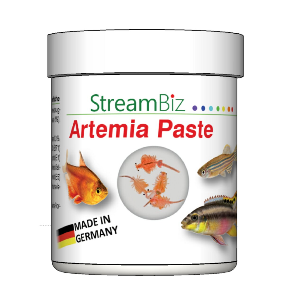 StreamBiz Artemia Paste, Fischfutter für Zierfische, Geschmacksrichtung Artemia, 100 g, mit Aufschrift "Made in Germany".