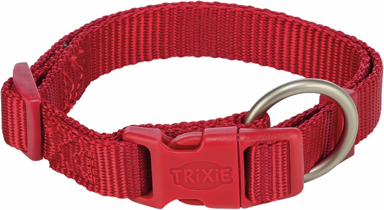 Rotes Hundehalsband von TRIXIE mit Klickverschluss und Metallring, verstellbar, robustes Nylon für Hunde, Größe auf Bild erkennbar.