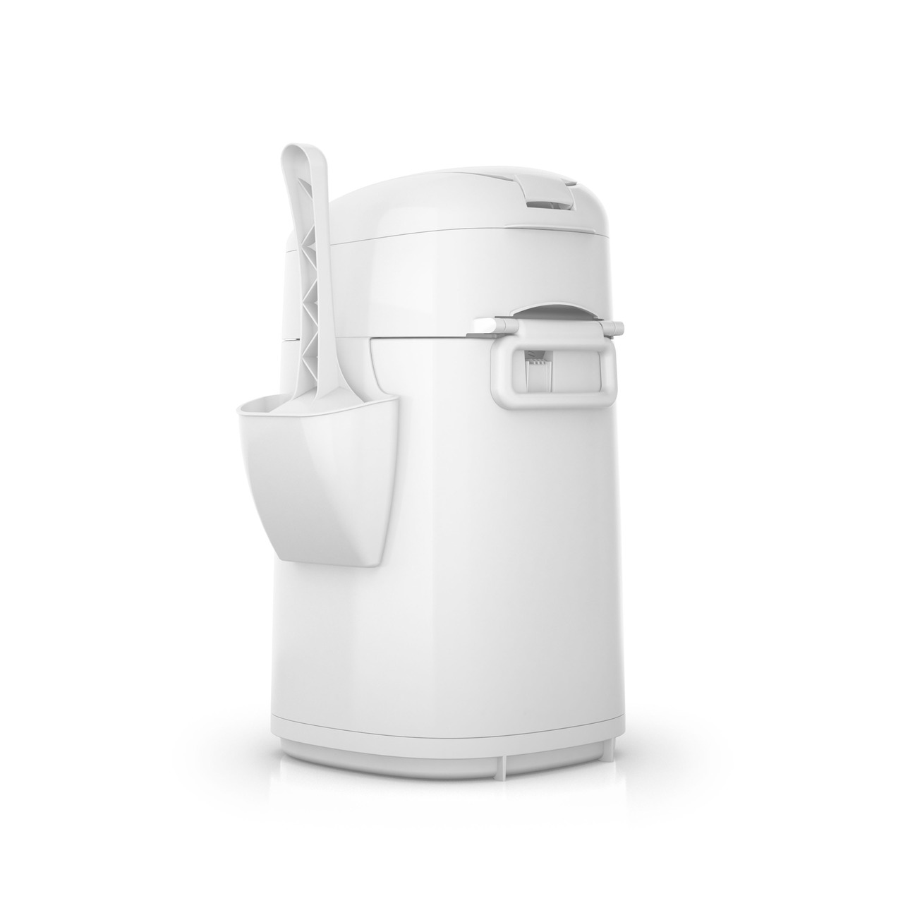 Das Bild zeigt den LitterLocker® Fashion Katzenstreu-Entsorgungseimer in Weiß. Dieses Produkt richtet sich an Katzenbesitzer und dient zur hygienischen Entsorgung von Katzenstreu. Der Eimer verfügt über ein modernes Design, einen praktischen Griff und ein