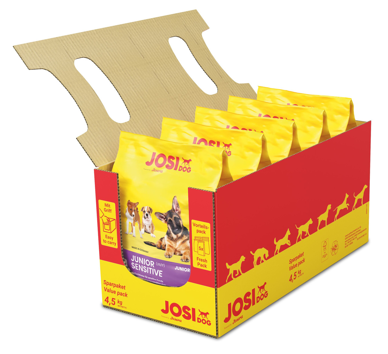 Josera JosiDog Junior Sensitive, Hundefutter für junge, empfindl. Hunde, 4,5 kg, "Made in Germany", gelb-rote Verpackung.