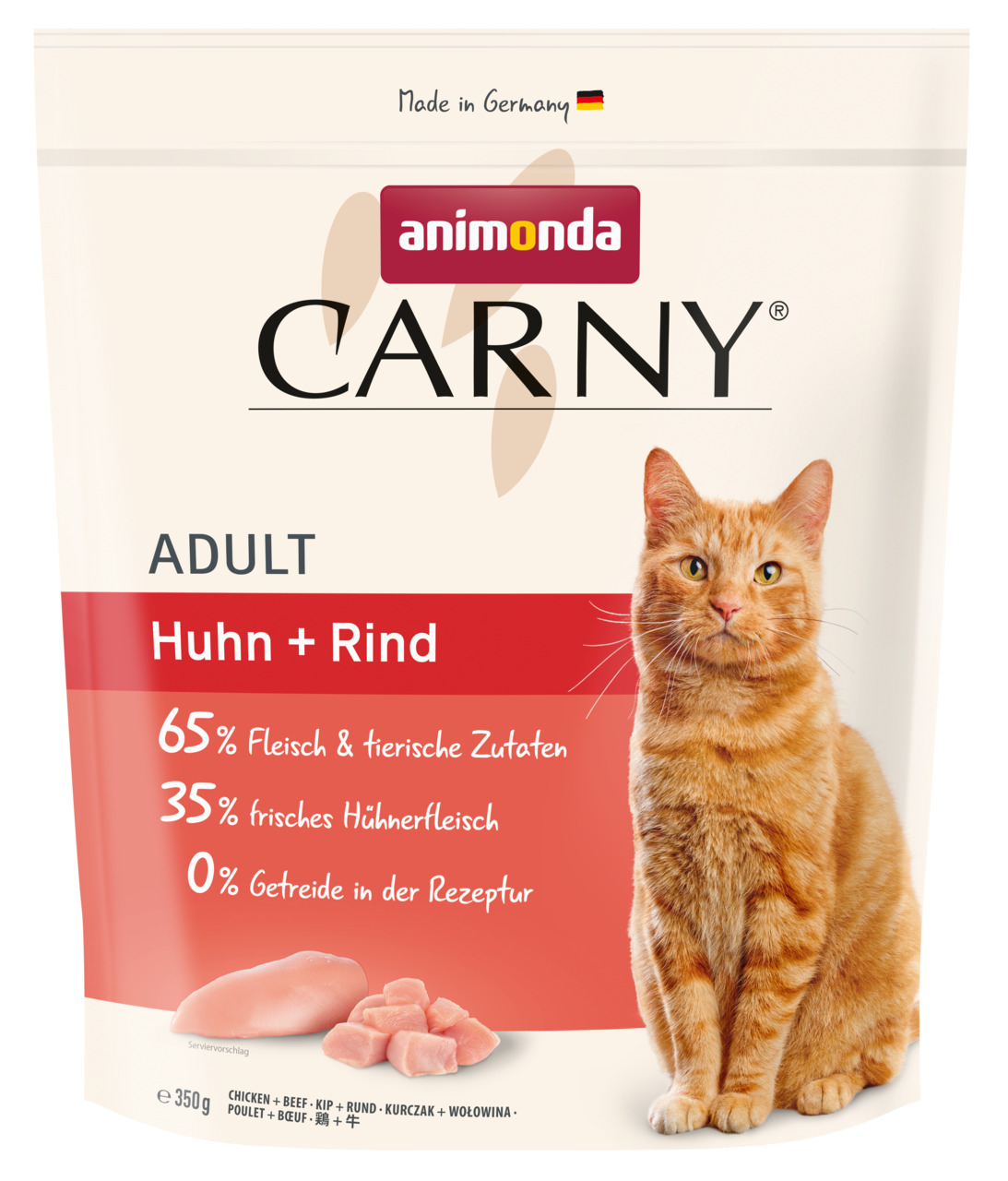 Das Bild zeigt eine Verpackung des Katzenfutters "Carny Adult Huhn + Rind" der Marke Animonda. Es ist für ausgewachsene Katzen geeignet und enthält 65 % Fleisch und tierische Zutaten, davon 35 % frisches Hühnerfleisch. Die Rezeptur ist getreidefrei. Die P