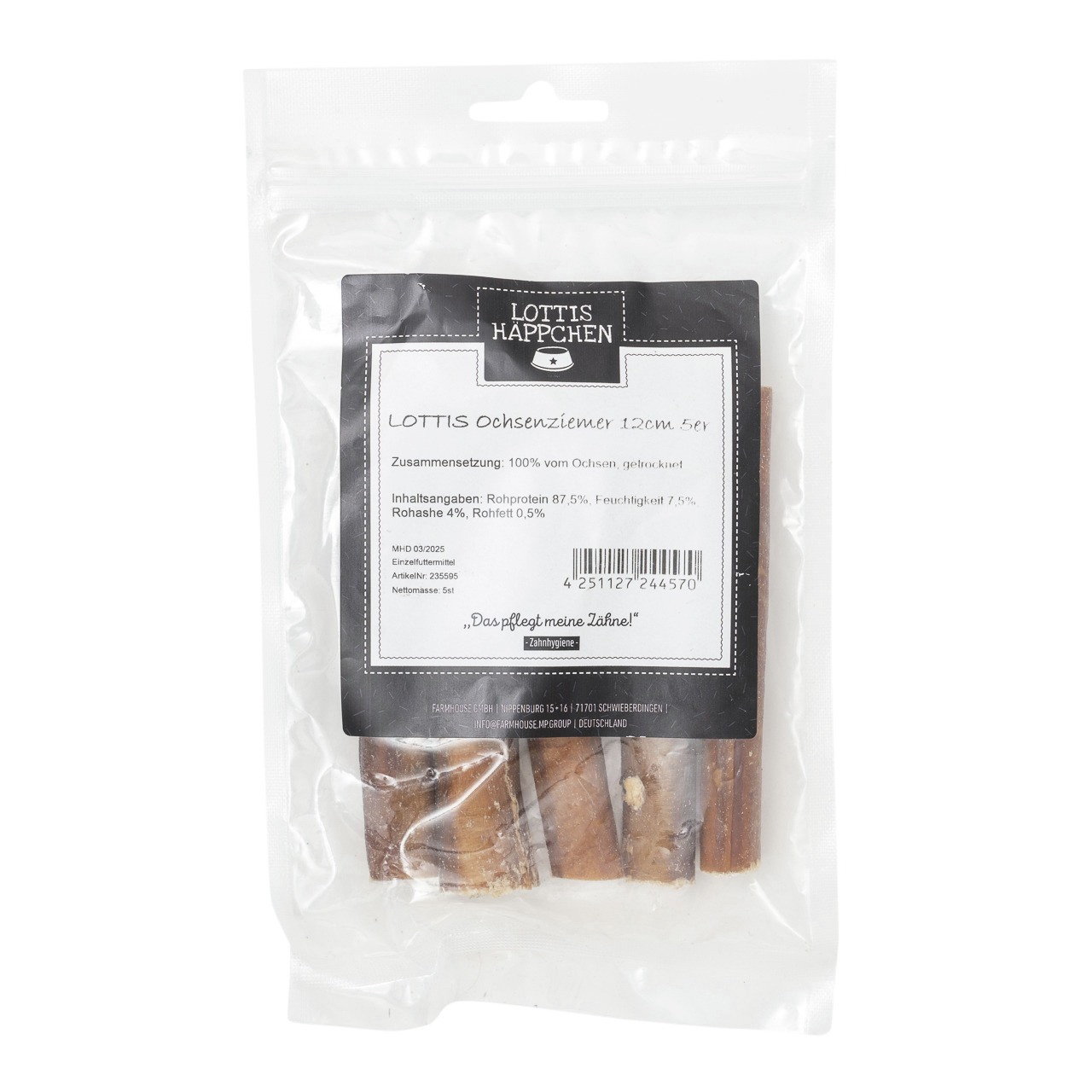 Das Bild zeigt eine transparente Verpackung mit der Aufschrift „LOTTIS HÄPPCHEN“. Enthalten sind fünf Stück Ochsenziemer mit einer Länge von 12 cm. Das Produkt ist ein Kausnack für Hunde, hergestellt aus 100 % getrocknetem Ochsen. Die Verpackung hebt die 
