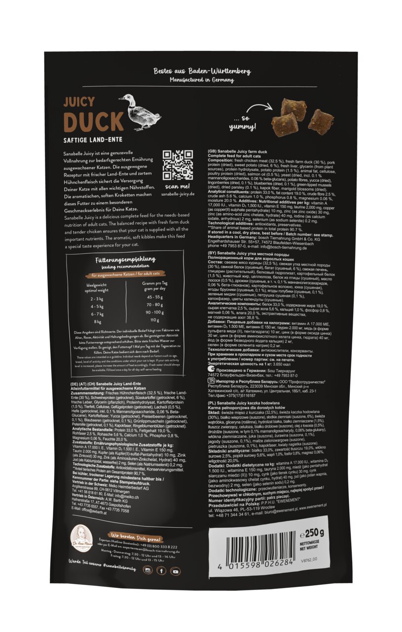 Das Bild zeigt die Rückseite einer Verpackung des Katzenfutters „Sanabelle Juicy Land-Ente“. Es handelt sich um ein Alleinfuttermittel für ausgewachsene Katzen mit frischer Land-Ente als Hauptzutat. Die Verpackung enthält 250 g und hebt die hochwertige Re